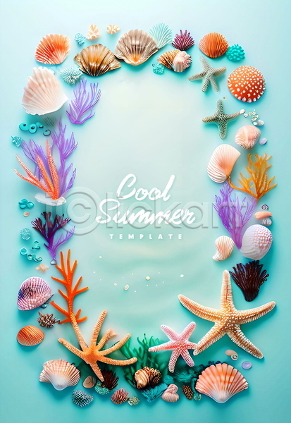 사람없음 PSD 템플릿 불가사리 산호초 여름(계절) 원형 조개껍데기 포스터 포스터템플릿 프레임 하늘색 해초