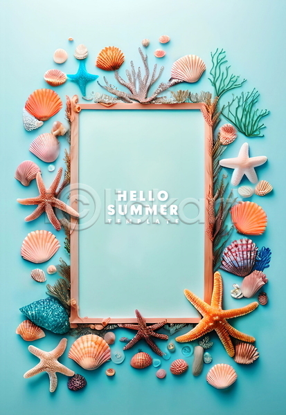 사람없음 PSD 템플릿 불가사리 사각형 액자 여름(계절) 조개껍데기 포스터 포스터템플릿 프레임 하늘색 해초