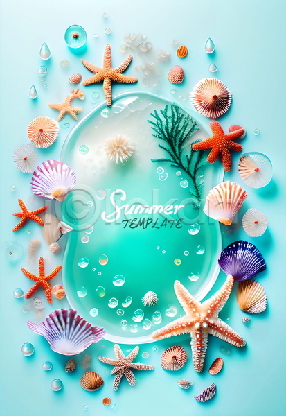 사람없음 PSD 템플릿 물방울 불가사리 여름(계절) 원형 조개껍데기 포스터 포스터템플릿 프레임 하늘색 해초