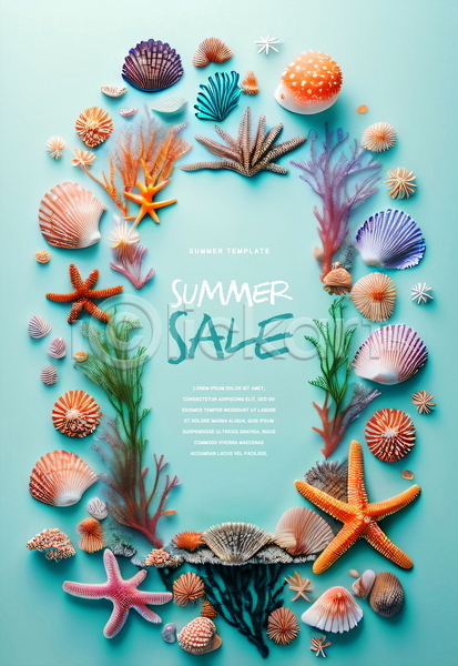 사람없음 PSD 템플릿 불가사리 사각형 산호초 세일 여름(계절) 조개껍데기 포스터 포스터템플릿 프레임 하늘색 해초