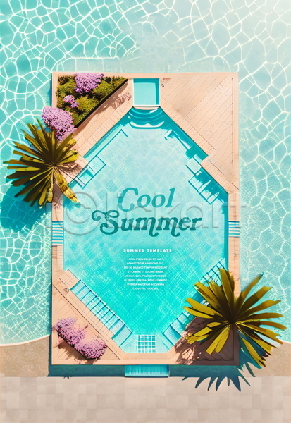 사람없음 PSD 템플릿 나무 물 물결 수영장 여름(계절) 포스터 포스터템플릿 프레임 하늘색 화단