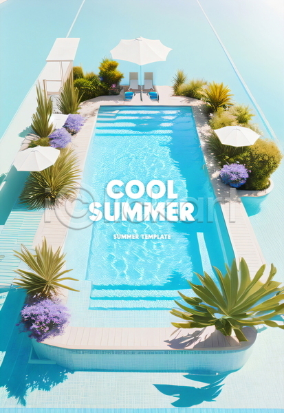 사람없음 PSD 템플릿 물 선베드 수영장 여름(계절) 파라솔 포스터 포스터템플릿 프레임 하늘색 화단