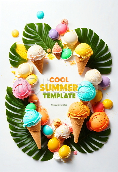 사람없음 PSD 템플릿 나뭇잎 아이스크림 여름(계절) 원형 컬러풀 콘아이스크림 트로피컬아트 포스터 포스터템플릿 프레임