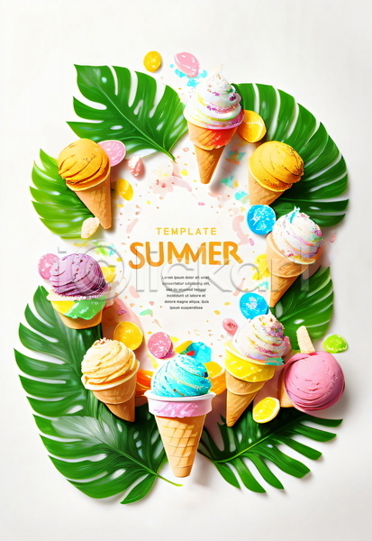 사람없음 PSD 템플릿 나뭇잎 아이스크림 여름(계절) 원형 콘아이스크림 트로피컬아트 포스터 포스터템플릿 프레임