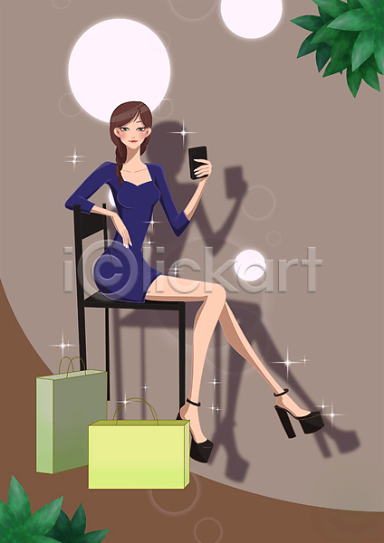성인 성인여자한명만 여자 한명 PSD 일러스트 가방 갈색 그림자 들기 땋은머리 반짝임 쇼핑 쇼핑백 스마트폰 앉기 우먼라이프 원피스 의자 잎 전신 하이힐