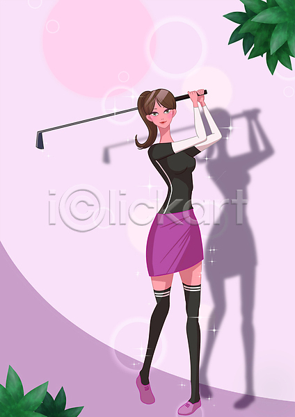 성인 성인여자한명만 여자 한명 PSD 일러스트 골프 골프웨어 골프채 그림자 들기 반짝임 보라색 서기 스윙 우먼라이프 운동 잎 전신