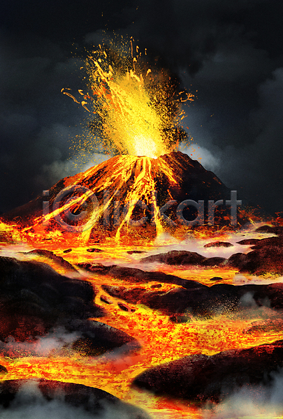 위험 사람없음 PSD 일러스트 바위 불 빨간색 연기 용암 자연재해 풍경(경치) 화산 화산폭발 활화산