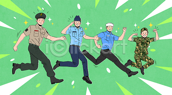 역동적 남자 성인 성인남자만 여러명 AI(파일형식) 일러스트 경례 공군 군복 군인 달리기 반짝임 손짓 육군 전신 점프 주먹 직업캐릭터 초록색 충성 해군 해병