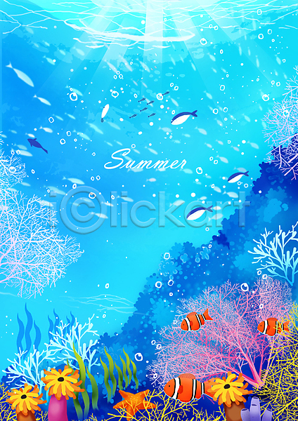 사람없음 PSD 일러스트 말미잘 물거품 물결 바닷속 빛 산호 여름(계절) 열대어 하늘색 흰동가리