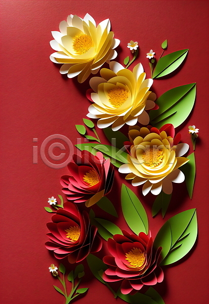 사람없음 JPG 포토 꽃 노란색 빨간색 스튜디오촬영 잎 종이 페이퍼아트