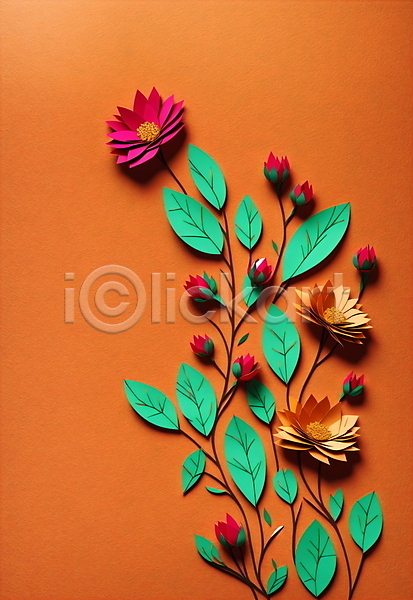 사람없음 JPG 포토 꽃 스튜디오촬영 잎 종이 주황색 초록색 페이퍼아트