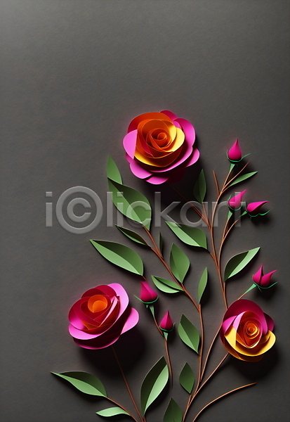 사람없음 JPG 포토 꽃 분홍색 스튜디오촬영 잎 장미 종이 페이퍼아트 회색