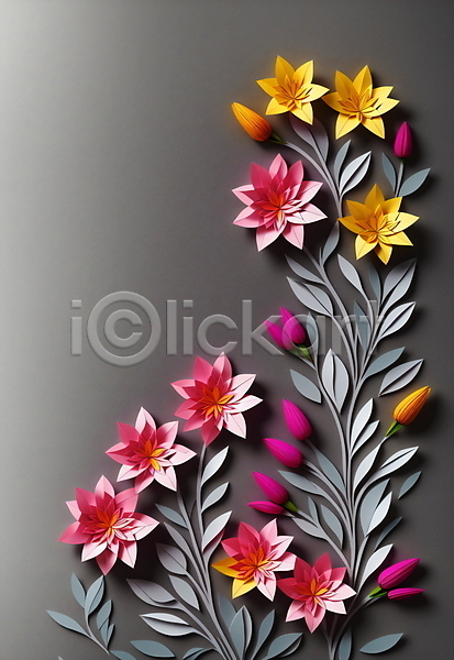 사람없음 JPG 포토 꽃 노란색 분홍색 스튜디오촬영 잎 종이 페이퍼아트 회색