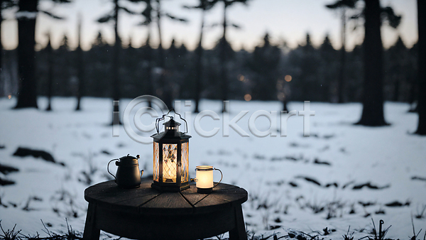 사람없음 JPG 아웃포커스 포토 겨울 나무 눈(날씨) 랜턴 머그컵 빛 숲 숲속 야외 주간 주전자 탁자