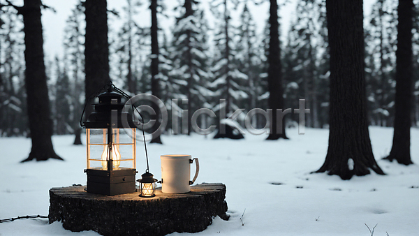 사람없음 JPG 아웃포커스 포토 겨울 나무 눈(날씨) 랜턴 머그컵 빛 숲 숲속 야외 주간 탁자