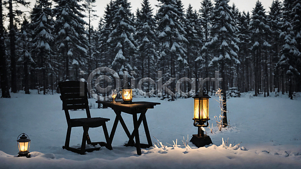 사람없음 JPG 포토 겨울 나무 눈(날씨) 랜턴 빛 숲 숲속 야간 야외 의자 탁자