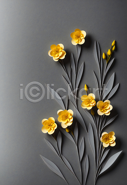 사람없음 JPG 포토 꽃 꽃봉오리 노란색 스튜디오촬영 잎 조화 종이 페이퍼아트 회색