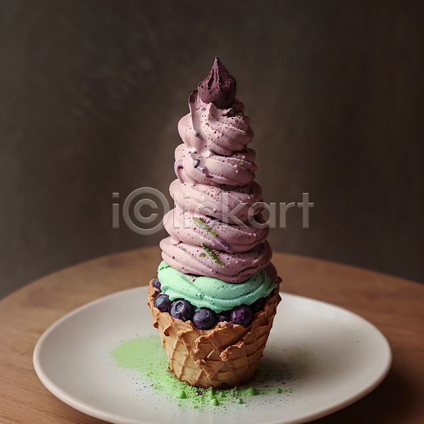 달콤 사람없음 JPG 포토 가루 블루베리 소프트아이스크림 스튜디오촬영 아이스크림 아이스크림콘 접시 콘아이스크림