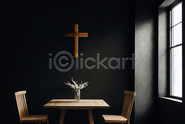 사람없음 JPG 디지털합성 편집이미지 검은색 기독교 꽃병 실내 십자가 의자 창가 탁자 편집소스 풍경(경치)