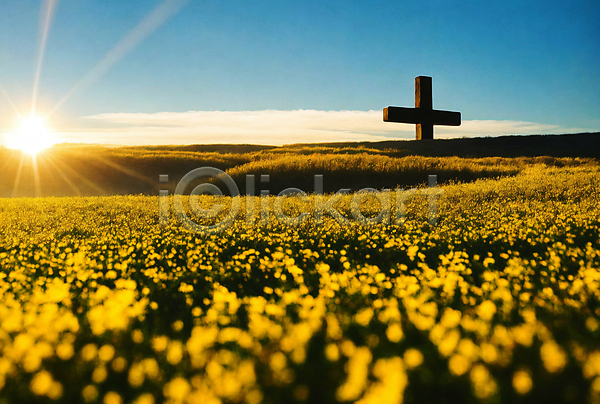 사람없음 JPG 디지털합성 편집이미지 기독교 꽃 노을 빛 십자가 초원(자연) 태양 편집소스 풍경(경치)
