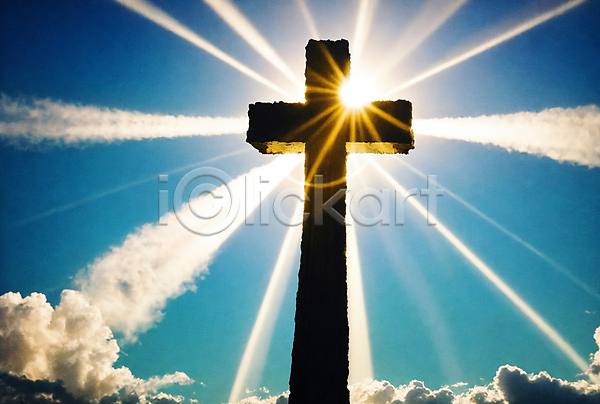 사람없음 JPG 디지털합성 실루엣 편집이미지 구름(자연) 기독교 빛 십자가 파란색 편집소스 풍경(경치) 하늘