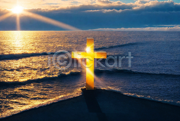 사람없음 JPG 디지털합성 편집이미지 구름(자연) 기독교 바다 빛 십자가 태양 편집소스 풍경(경치) 하늘
