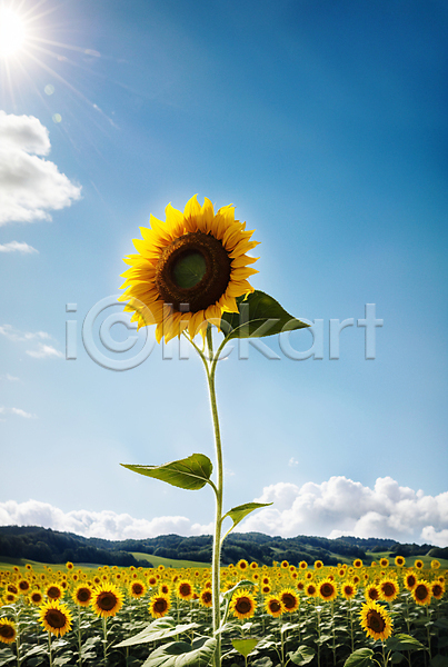 사람없음 JPG 포토 구름(자연) 꽃밭 야외 여름(계절) 주간 풍경(경치) 하늘 해바라기 햇빛