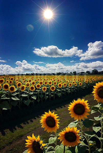 사람없음 JPG 포토 구름(자연) 꽃밭 맑음 야외 여름(계절) 주간 풍경(경치) 하늘 해바라기 햇빛