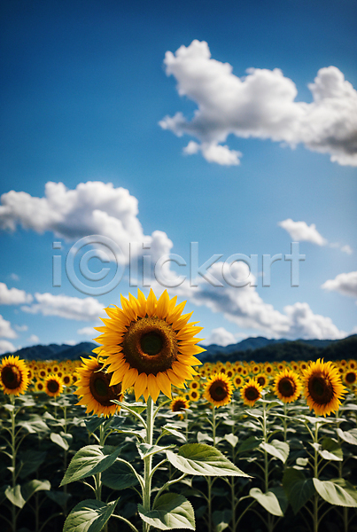사람없음 JPG 포토 구름(자연) 꽃밭 맑음 야외 여름(계절) 주간 풍경(경치) 하늘 해바라기