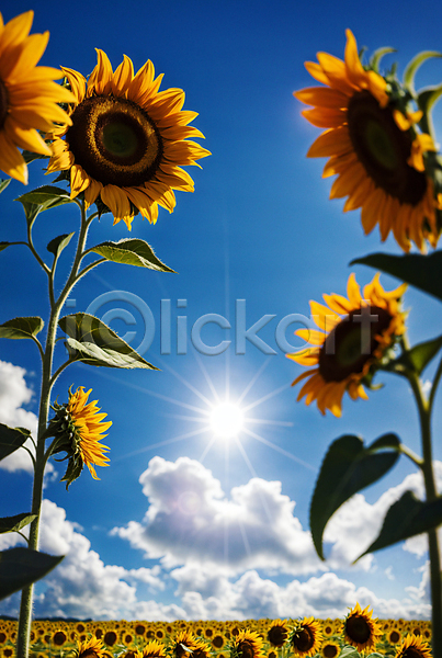 사람없음 JPG 포토 구름(자연) 꽃밭 맑음 야외 여름(계절) 주간 풍경(경치) 하늘 해바라기 햇빛
