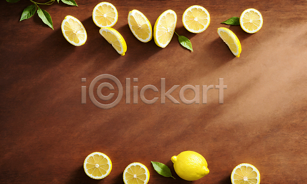 사람없음 JPG 포토 나무배경 나뭇결 단면 레몬 스튜디오촬영 슬라이스 잎 카피스페이스