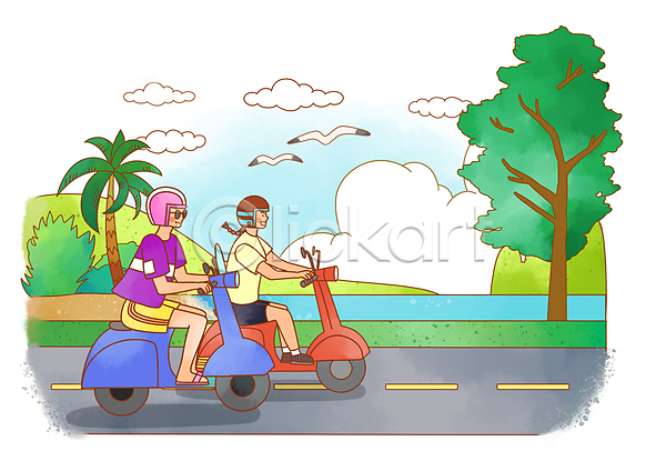 남자 두명 성인 성인만 여자 PSD 일러스트 갈매기 구름(자연) 나무 스쿠터 야자수 여름(계절) 여름휴가 운전 전신 풀(식물) 해변도로 헬멧