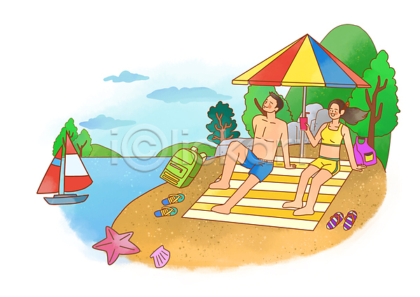 여유 남자 두명 성인 성인만 여자 PSD 일러스트 가방 구름(자연) 돗자리 들기 바위(돌) 바캉스 불가사리 수영복 앉기 여름(계절) 여름휴가 올려보기 요트 음료 전신 조개껍데기 쪼리 파라솔 해변