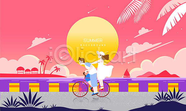 로맨틱 남자 두명 성인 성인만 여자 AI(파일형식) 일러스트 구름(자연) 달 데이트 바다 백그라운드 분홍색 승차 야자수 야자수잎 여름휴가 일몰 자전거 전신 커플 트로피컬아트 하늘