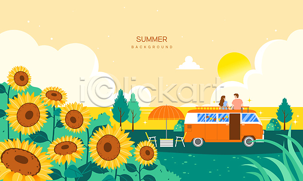 남자 두명 성인 성인만 여자 AI(파일형식) 일러스트 구름(자연) 노란색 노을 마주보기 바다 백그라운드 상반신 앉기 여름휴가 의자 캠핑 캠핑카 태양 파라솔 하늘 해바라기