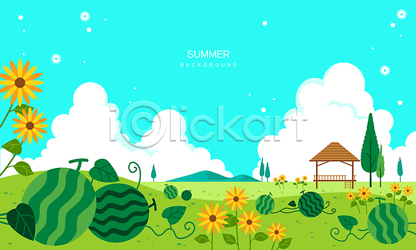 사람없음 AI(파일형식) 일러스트 구름(자연) 꽃 맑음 백그라운드 수박 수박밭 여름휴가 연두색 원두막 풍경(경치) 하늘 하늘색