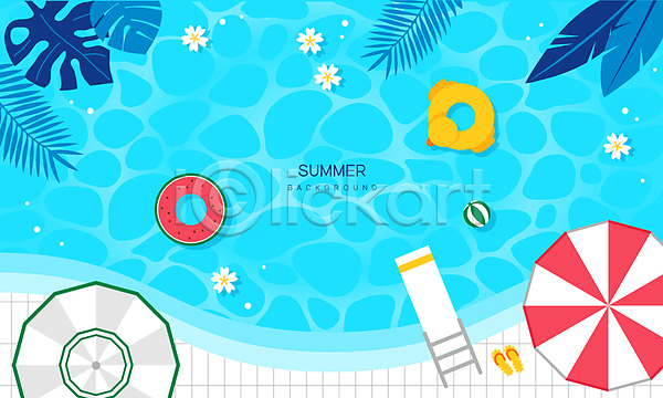 사람없음 AI(파일형식) 일러스트 꽃 나뭇잎 다이빙대 백그라운드 수영장 여름휴가 쪼리 튜브 트로피컬아트 파라솔 하늘색