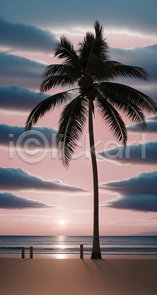 사람없음 JPG 디지털합성 편집이미지 구름(자연) 야외 야자수 여름(계절) 일몰 주간 태양 편집소스 풍경(경치) 하늘 해변