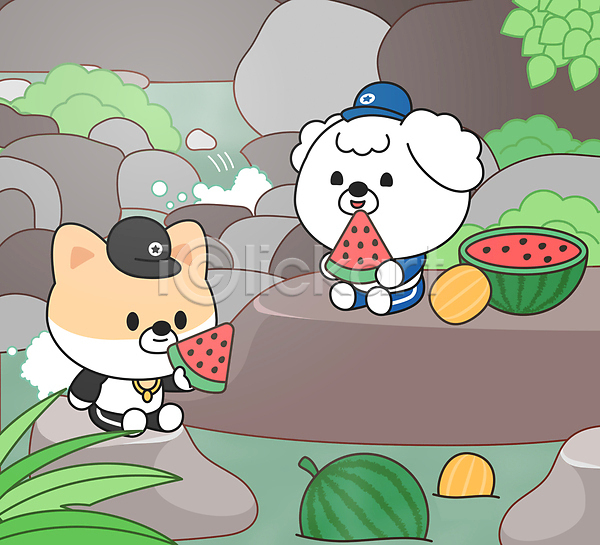 귀여움 휴식 사람없음 AI(파일형식) 일러스트 강아지 개캐릭터 계곡 동물캐릭터 두마리 들기 먹기 바위(돌) 보양식 수박 앉기 여름(계절) 여름음식 참외 풀잎
