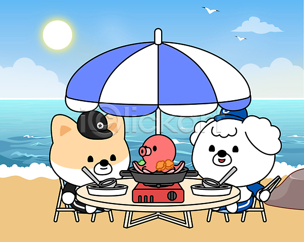 귀여움 사람없음 AI(파일형식) 일러스트 강아지 개캐릭터 구름(자연) 국자 동물캐릭터 두마리 들기 먹기 문어 버너 보양식 식사 앉기 여름(계절) 여름음식 여름휴가 원형탁자 의자 접시 젓가락 태양 파라솔 하늘 해물탕 해변