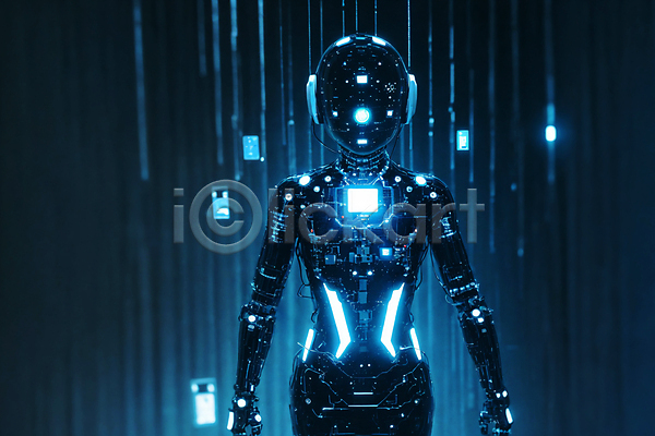 미래 사람모양 사람없음 JPG 편집이미지 AI(인공지능) SF 네온 디지털 로봇 빛 서기 파란색 휴머노이드