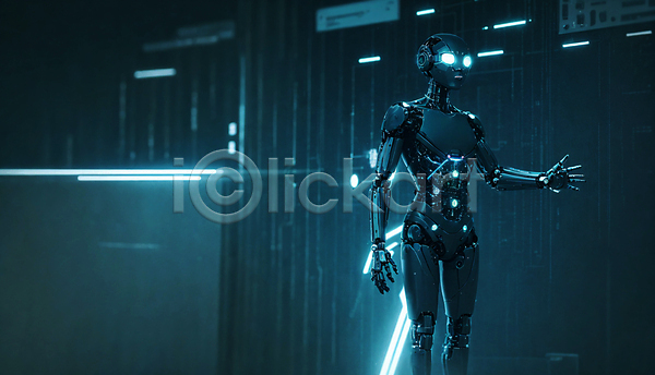미래 사람모양 사람없음 JPG 편집이미지 AI(인공지능) SF 네온 디지털 로봇 빛 서기 손내밀기 손들기 청록색 휴머노이드