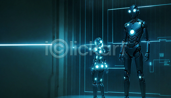 미래 사람모양 사람없음 JPG 편집이미지 AI(인공지능) SF 네온 디지털 로봇 빛 서기 청록색 휴머노이드