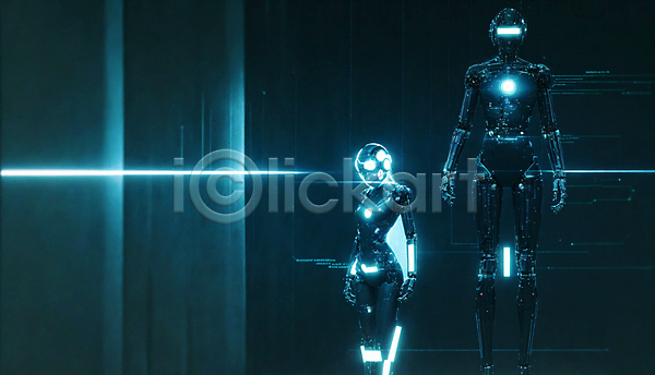 미래 사람모양 사람없음 JPG 편집이미지 AI(인공지능) SF 네온 디지털 로봇 빛 서기 청록색 휴머노이드