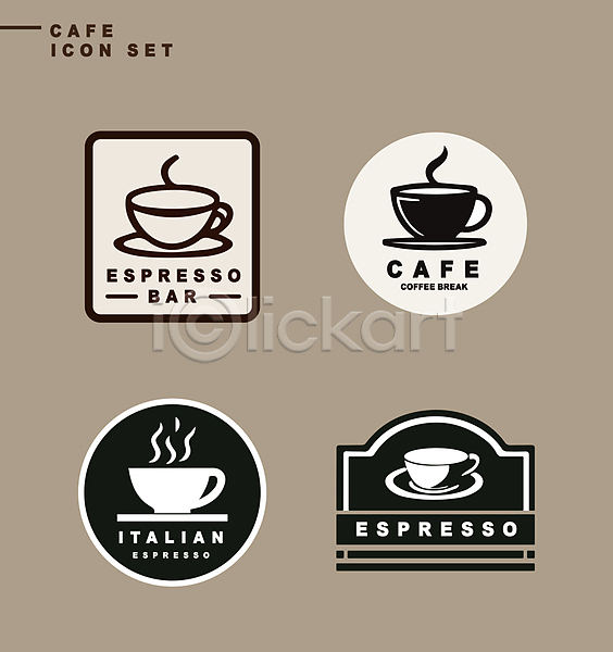 사람없음 AI(파일형식) 아이콘 라벨 사각형 세트 심볼 심플 에스프레소 연기 영어 원형 카페 커피 커피잔