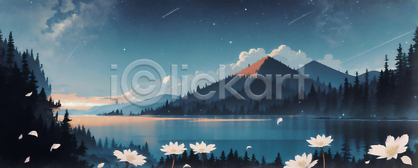 사람없음 JPG 일러스트 구름(자연) 꽃 꽃잎 나무 밤하늘 백그라운드 별 빛 산 여름(계절) 여름밤 풍경(경치) 호수