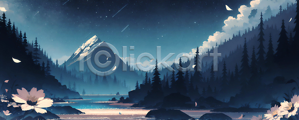 사람없음 JPG 일러스트 구름(자연) 꽃 꽃잎 나무 밤하늘 백그라운드 별 산 여름(계절) 여름밤 풍경(경치) 호수