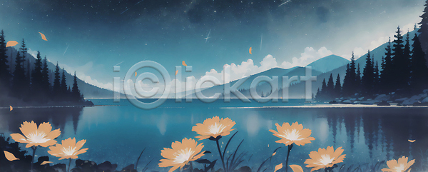 사람없음 JPG 일러스트 구름(자연) 꽃 꽃잎 나무 반사 밤하늘 백그라운드 별 산 여름(계절) 여름밤 풍경(경치) 호수