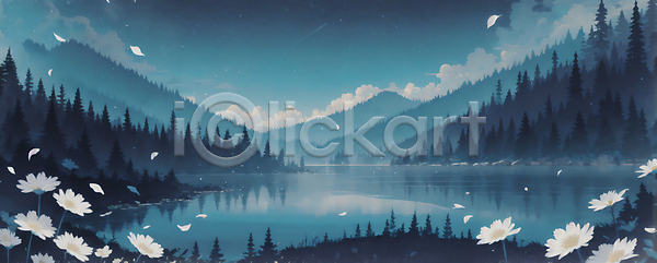 사람없음 JPG 일러스트 구름(자연) 꽃 꽃잎 나무 반사 밤하늘 백그라운드 별 산 여름(계절) 여름밤 풍경(경치) 호수