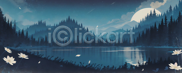 사람없음 JPG 일러스트 구름(자연) 꽃 꽃잎 나무 달 달빛 밤하늘 백그라운드 별 산 여름(계절) 여름밤 풍경(경치) 호수